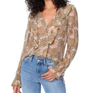 Paige Womens Tessa Floral Print Ruffle Blouse 100% Silk Tan Color Holiday EUC
